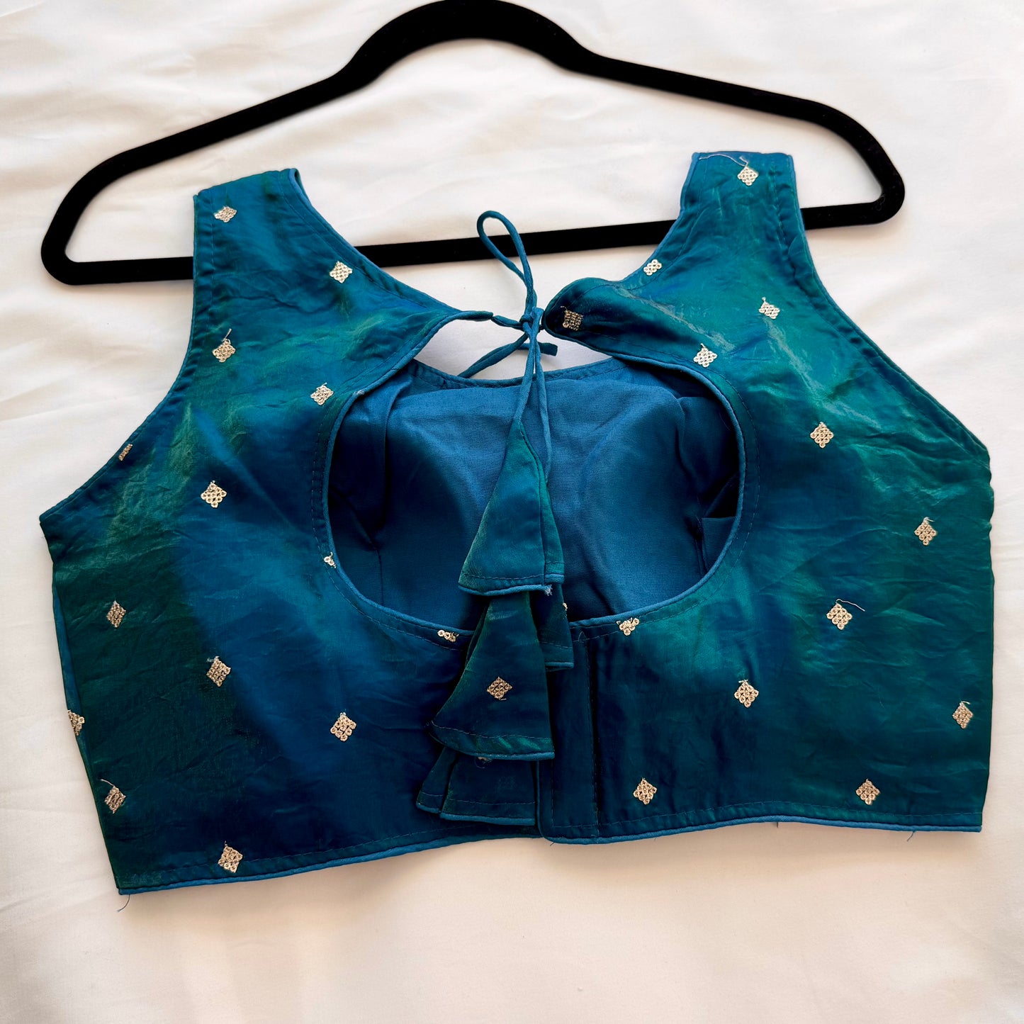 Peacock Green Fandy Silk Blouse | Dual Tone Shiny Sequins Butti Readymade Padded Blouse