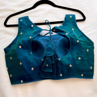 Peacock Green Fandy Silk Blouse | Dual Tone Shiny Sequins Butti Readymade Padded Blouse