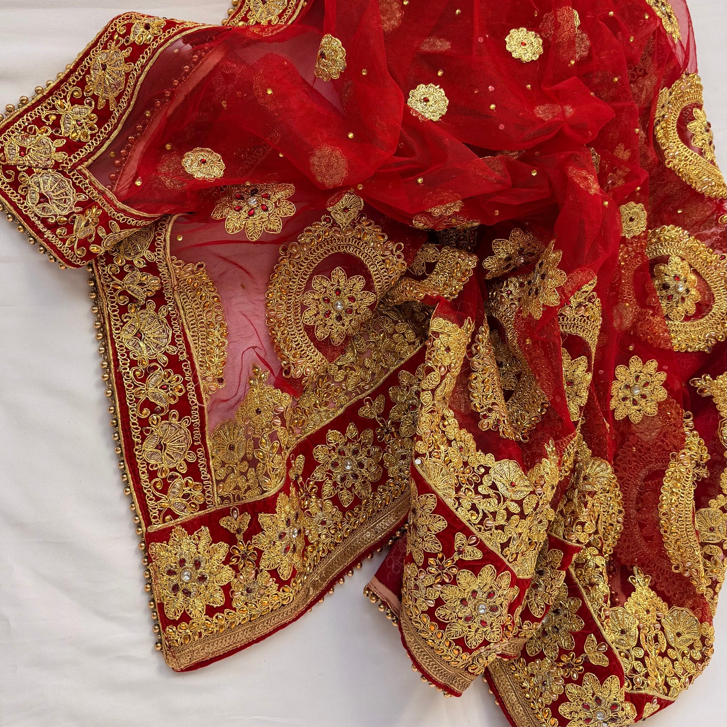 Bridal Red Net Dupatta with Heavy Zardozi Embroidery, Wedding Chunni, Dulhan Dupatta, Gold Lace Veil, Indian Bridal Dupatta