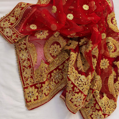 Bridal Red Net Dupatta with Heavy Zardozi Embroidery, Wedding Chunni, Dulhan Dupatta, Gold Lace Veil, Indian Bridal Dupatta