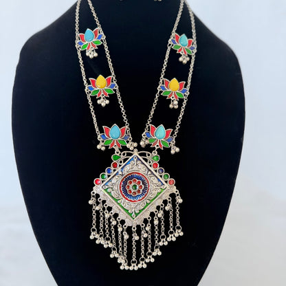 Oxidized Silver Necklace Set, Long Indian Statement Necklace, Colorful Lotus Jewelry, Ghungroo Pendant, Ethnic Boho Necklace Earrings,