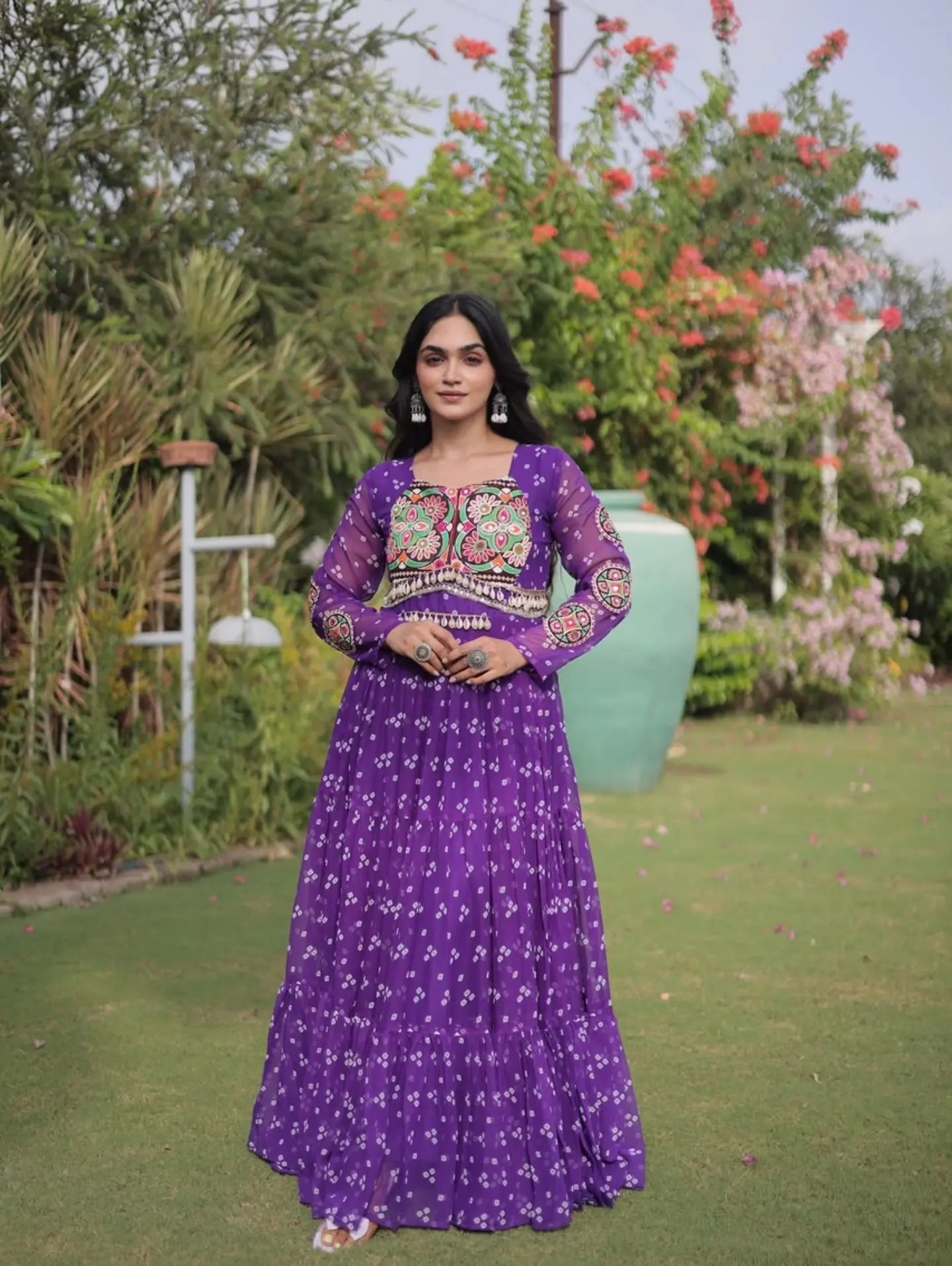 Navratri Bandhani Gown, Purple Garba Dress, Kutchi Patchwork Anarkali, Gujarati Traditional Dress, 12 Meter Flared Indian Ethnic Gown