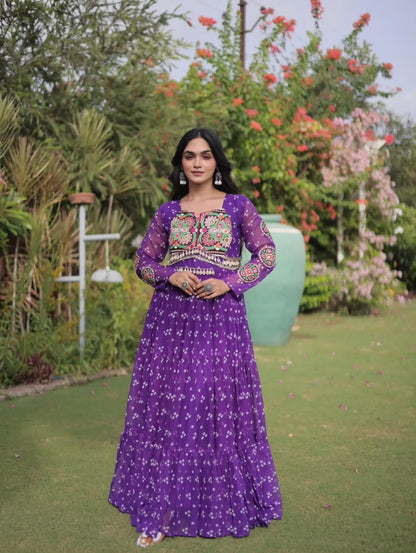 Navratri Bandhani Gown, Purple Garba Dress, Kutchi Patchwork Anarkali, Gujarati Traditional Dress, 12 Meter Flared Indian Ethnic Gown