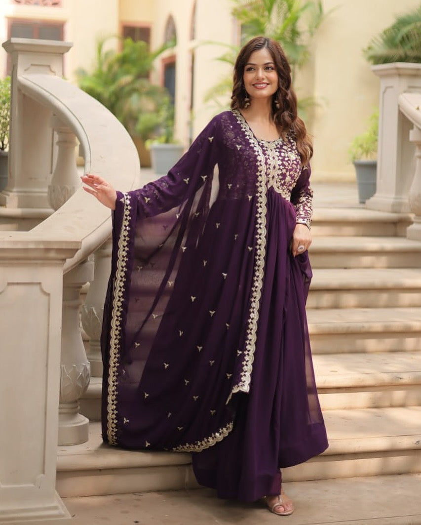 Designer Wine Long Gown with Dupatta | Zari & Sequins Embroidered Party Wear Dress