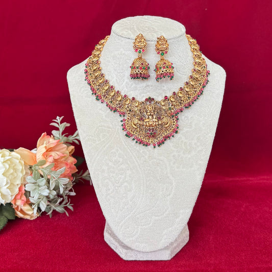 Antique Gold Lakshmi Temple Necklace Set, South Indian Bridal Jewelry, Traditional Goddess Pendant Necklace, Red Green Beads Temple Jewelry