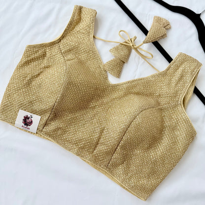 Gold Zari Sleeveless Saree Blouse, Shimmer Ready to Wear Indian Blouse, V Neck Padded Blouse, Party Wedding Blouse,lehenga top