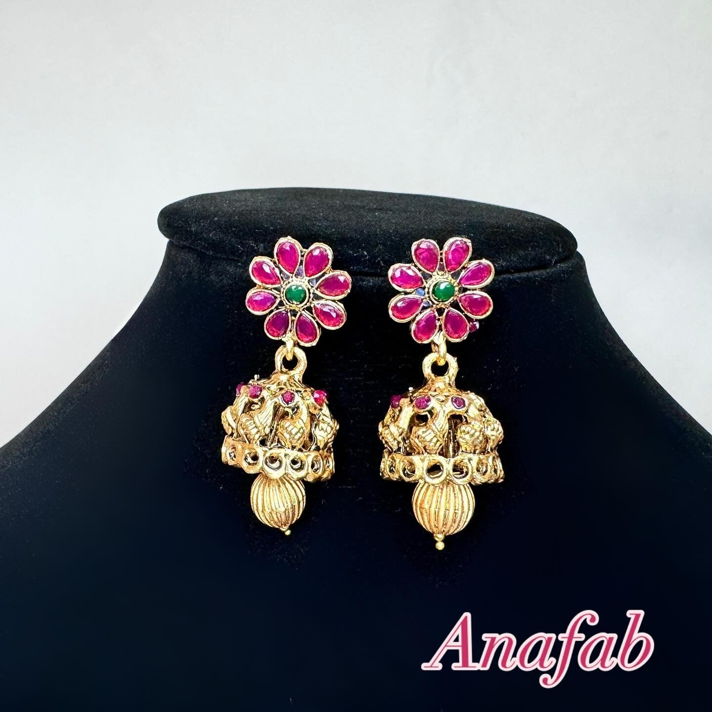 Traditional Lakshmi Temple Necklace Set with Ruby Green Stones & Jhumka Earrings