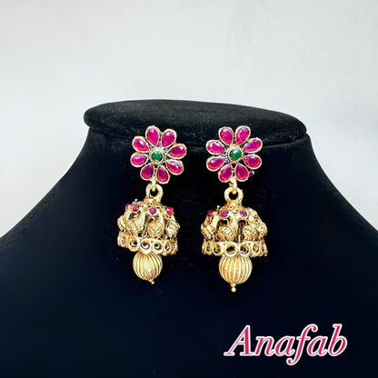 Traditional Lakshmi Temple Necklace Set with Ruby Green Stones & Jhumka Earrings