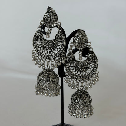Oxidized Silver Chandbali Jhumka Earrings, Long Indian Statement Earrings, Traditional Ethnic Jewelry, Boho Dangle Earrings for Women