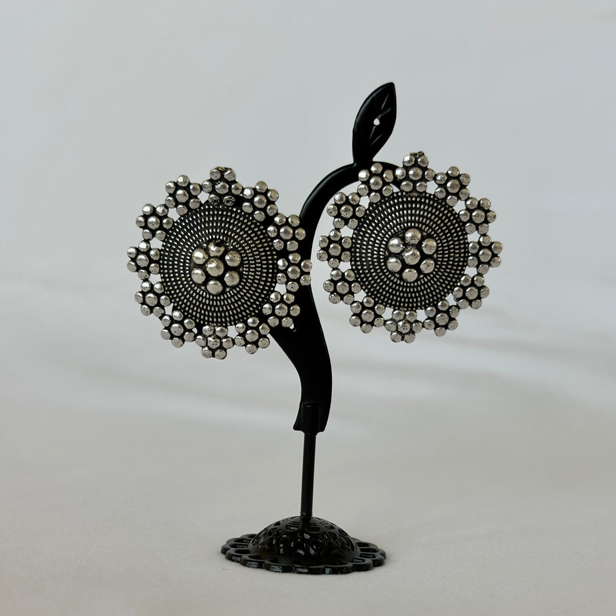Oxidized Silver Round Stud Earrings, Floral Statement Earrings, German Silver Tribal Jewelry, Boho Ethnic Earrings, Indian Jewelry for Women