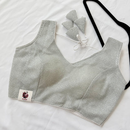 Silver Zari Sleeveless Saree Blouse, Shimmer Ready to Wear Indian Blouse, V Neck Padded Blouse, Party Wedding Blouse,lehenga top, Crop top