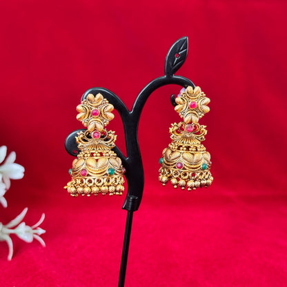 Antique Gold Temple Jhumka Earrings with Ruby & Green Stones | Traditional South Indian Jhumki | Bridal Festive Earrings | Statement Ethnic