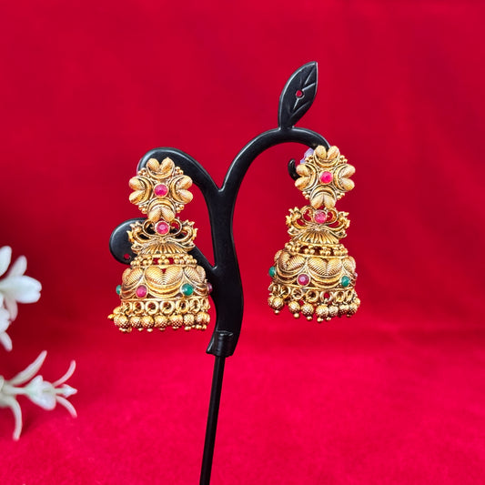 Antique Gold Temple Jhumka Earrings with Ruby & Green Stones | Traditional South Indian Jhumki | Bridal Festive Earrings | Statement Ethnic