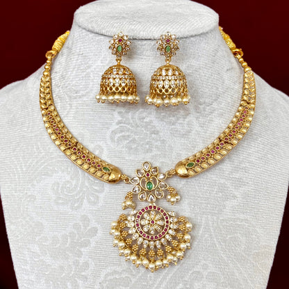 Antique Gold CZ Necklace Set with Jhumka Earrings, Pearl Hanging Pendant, Indian Bridal Jewelry, Ruby Green Choker, Wedding Set