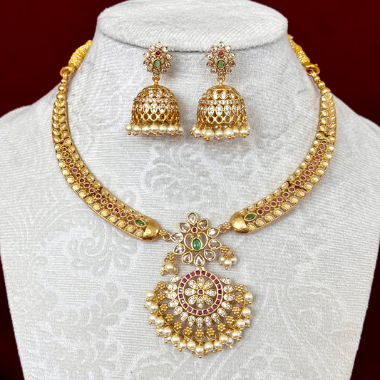 Antique Gold CZ Necklace Set with Jhumka Earrings, Pearl Hanging Pendant, Indian Bridal Jewelry, Ruby Green Choker, Wedding Set