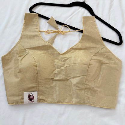 Light Gold Tissue Silk Saree Blouse, Ready to Wear Golden Blouse, Padded V Neck Blouse, Indian Saree Blouse, Festive Wedding Blouse , Crop t