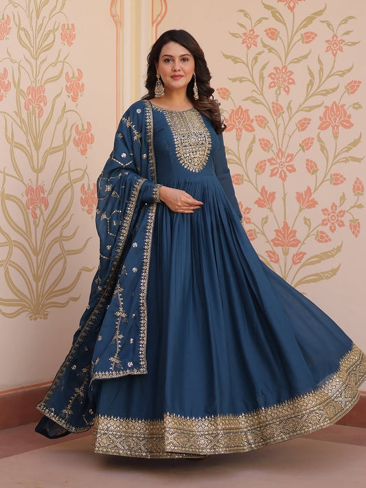 Teal Blue Anarkali Gown with Dupatta, Georgette Embroidered Indian Dress, Zari Sequin Long Gown, Wedding Outfit for Women, festive Outfit
