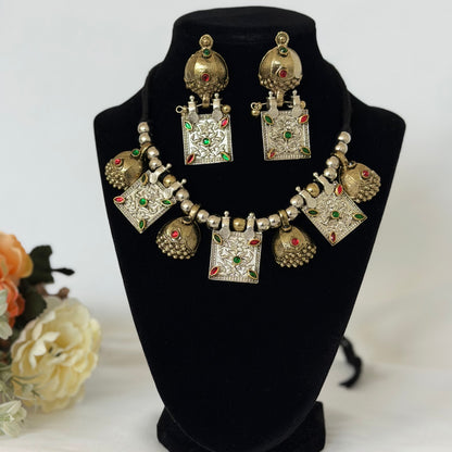 Oxidized Silver & Gold Necklace Set, Dual Tone Indian Jewelry, Jhumka Pendant Necklace, Red Green Stone Jewelry, Navratri Garba Jewelry Set