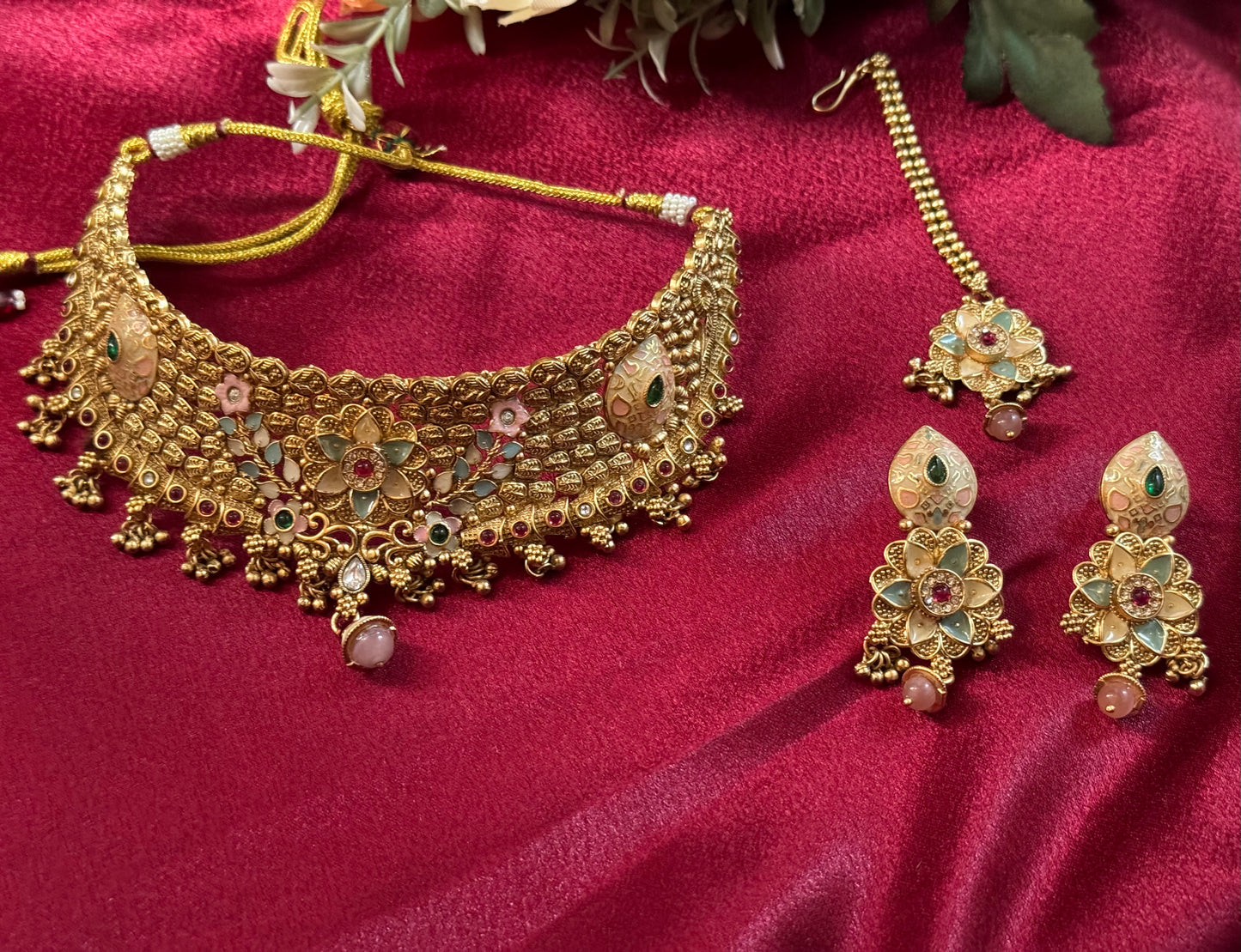Luxury Antique Gold Temple Choker Necklace Set | Handcrafted Kundan Enamel Bridal Jewelry | Indian Wedding Choker with Earrings & Maang Tikk