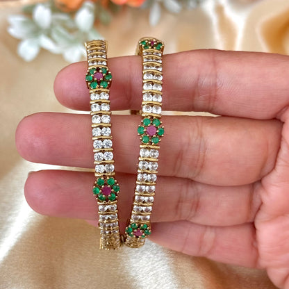 Elegant Gold Finish Crystal Bangles Set with Emerald Ruby Floral Design | Elegant Indian Bridal & Festive Kada | 2 Pc Set | ethnic bangles