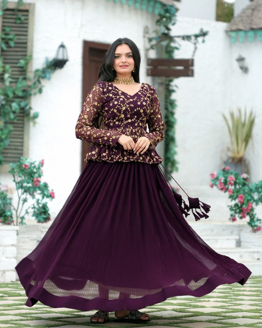Elegant Wine Lehenga Choli Set | Heavy Embroidered Sequin Blouse with Full flair Crush Pleated Skirt | Wedding & Party Outfit