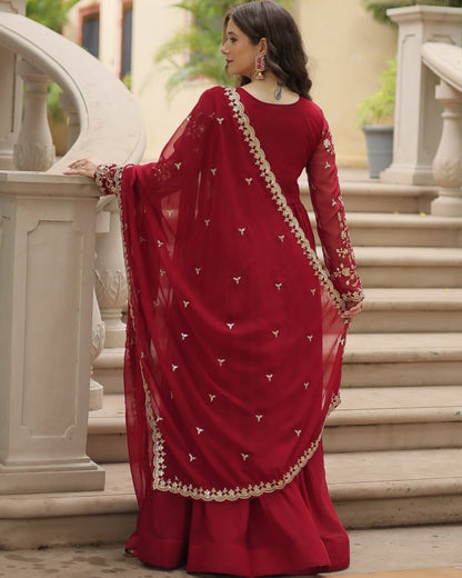 Designer Maroon Long Gown with Dupatta | Zari & Sequins Embroidered Party Wear Dress