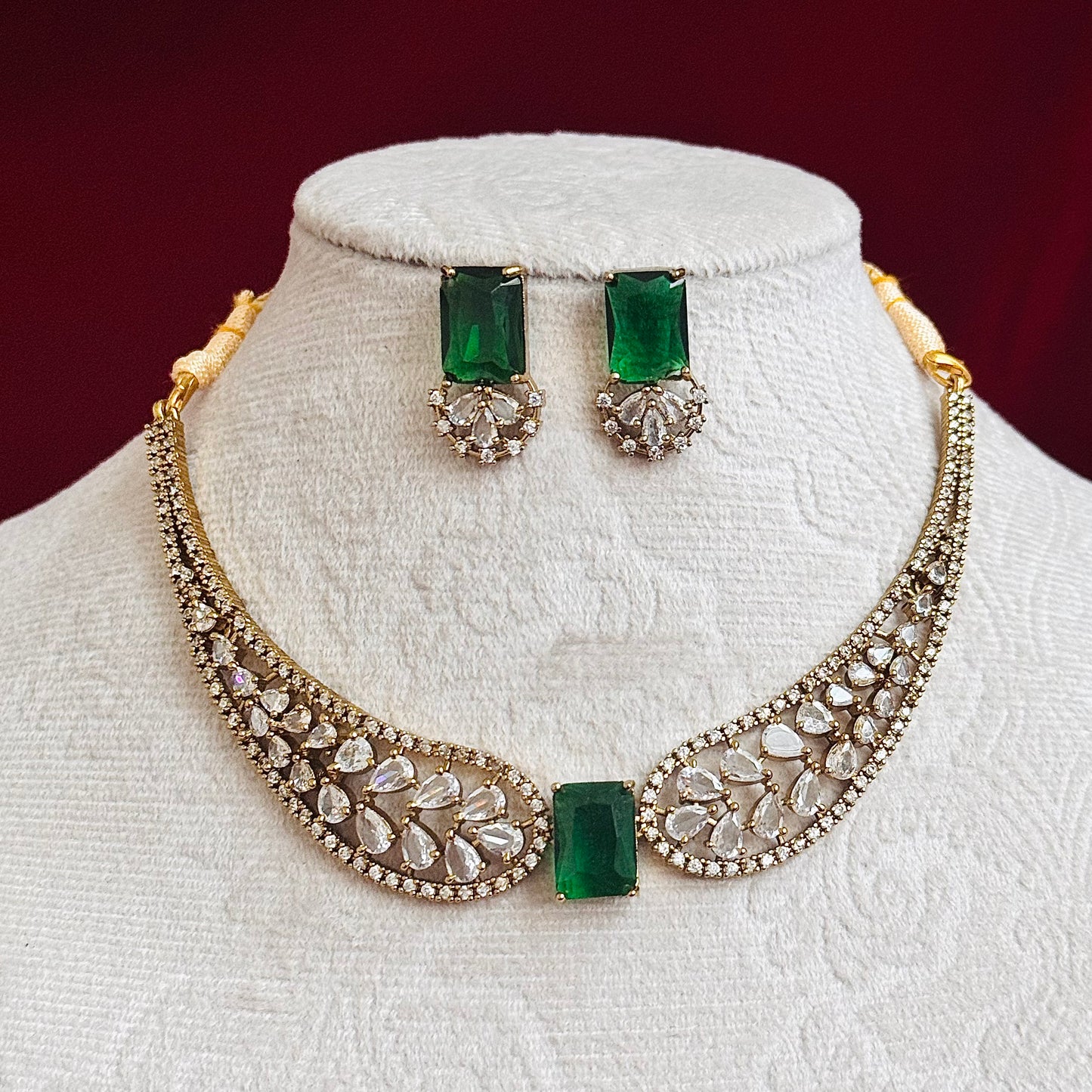 Emerald Green CZ Necklace Set, Indian Bridal Choker Jewelry, Gold Tone Statement Necklace with Earrings, Wedding Party Wear Set for Women