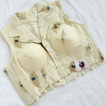 Khadi Cotton Embroidered Blouse, Ivory Peacock Sequin Work Saree Blouse, Stretchable Collar Neck Blouse, Ready to Wear Indian Blouse, Crop t