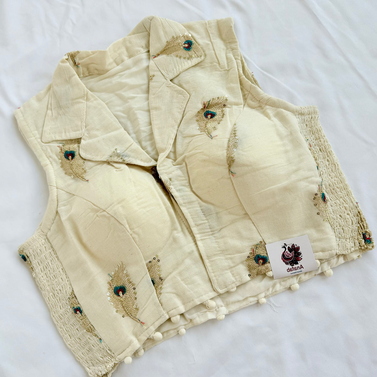 Khadi Cotton Embroidered Blouse, Ivory Peacock Sequin Work Saree Blouse, Stretchable Collar Neck Blouse, Ready to Wear Indian Blouse, Crop t