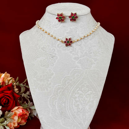 Ruby Green Floral Necklace Set, Pearl Chain Choker, Traditional Indian Jewelry, Temple Style Flower Pendant, Bridal Festive Necklace Earring