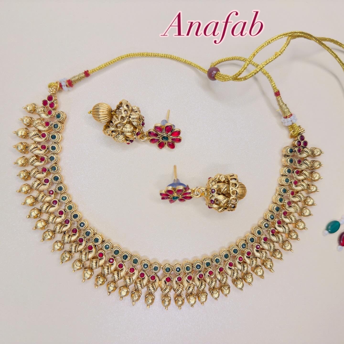 Traditional Lakshmi Temple Necklace Set with Ruby Green Stones & Jhumka Earrings