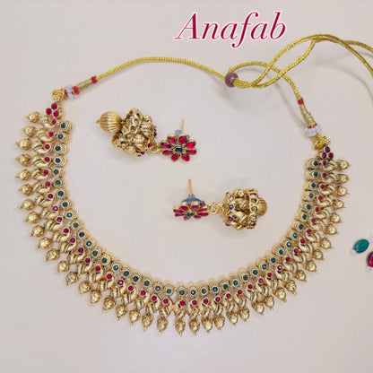 Traditional Lakshmi Temple Necklace Set with Ruby Green Stones & Jhumka Earrings