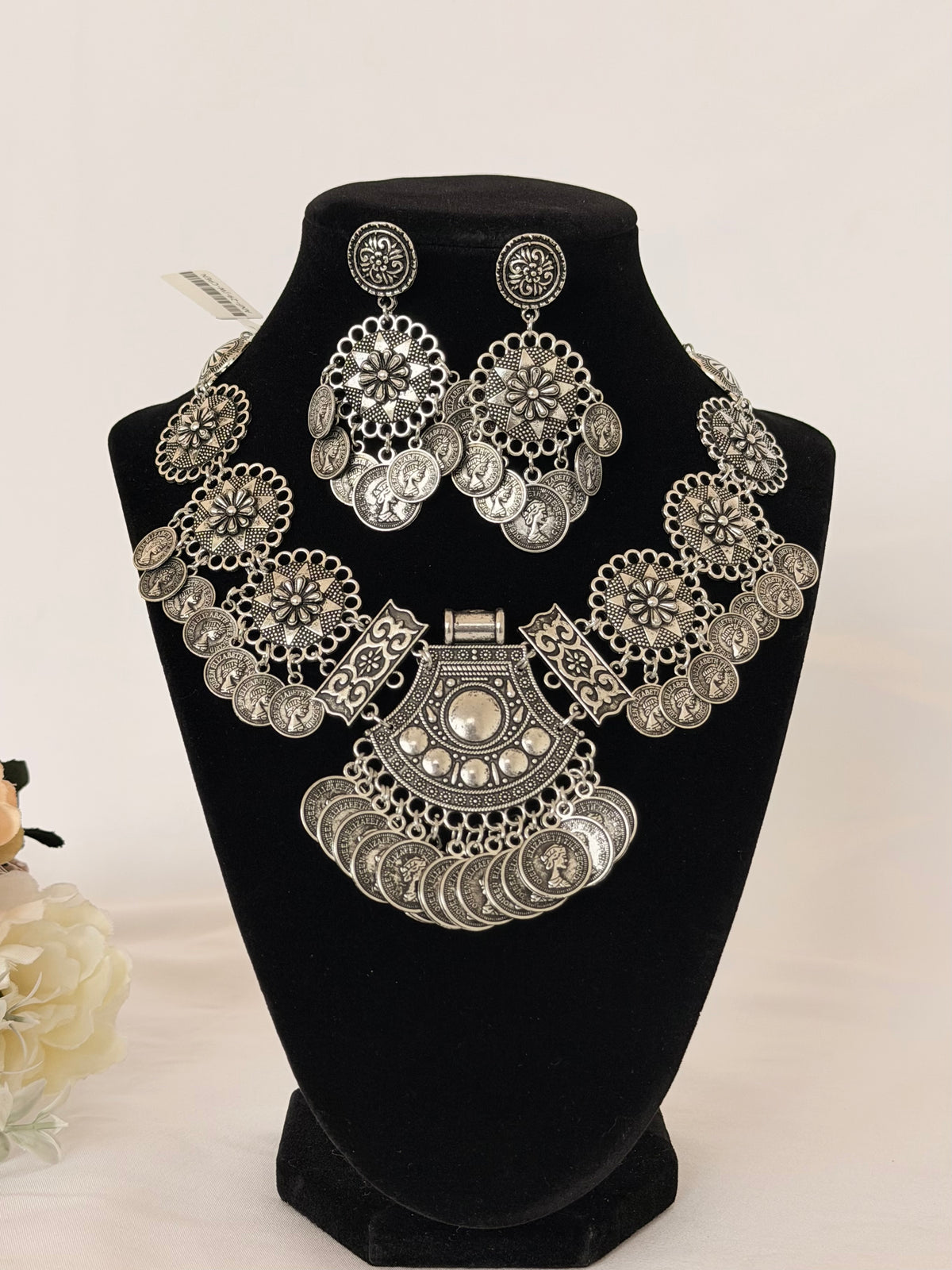Oxidized Silver Coin Necklace Set with Earrings, Statement Indian Tribal Jewelry, Boho Ethnic Necklace, Navratri Garba Jewelry, Festival Gif