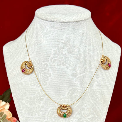 Chandrakor Necklace Set with Invisible Chain, Antique Gold Temple Jewelry, Ruby Green Stone Pendant Set, Minimalist Maharashtrian Jewelry