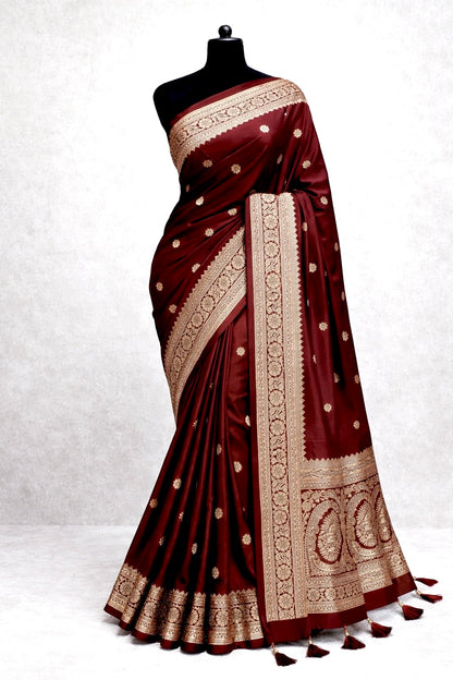 Burnt Maroon Soft Silk Saree,Maharashtrian Zari Butti Saree, Traditional Saree, Festive Wedding Wear Saree, Rich Pallu Sari, Gift for Women