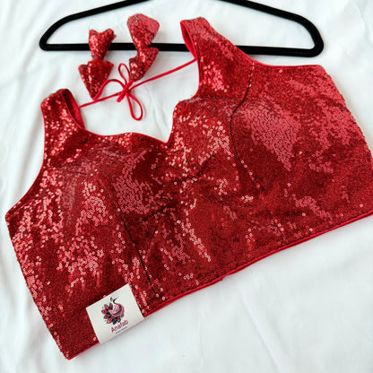Red Sequin Saree Blouse, Readymade Sleeveless Blouse, Padded Party Wear Blouse, Sparkly Indian Blouse, Wedding Blouse, Crop top