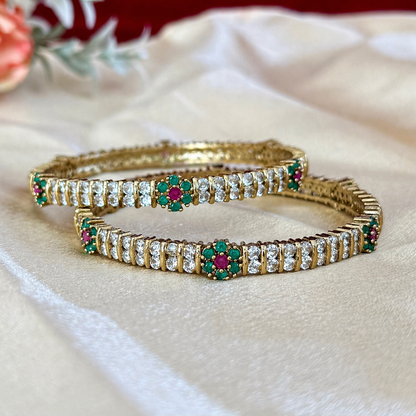 Elegant Gold Finish Crystal Bangles Set with Emerald Ruby Floral Design | Elegant Indian Bridal & Festive Kada | 2 Pc Set | ethnic bangles