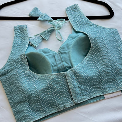 Light Sky Blue Sequin Designer Blouse | Readymade Padded Saree Blouse | Elegant Party Wear Blouse with Tie Back, Size 38–42 | Lehenga blouse