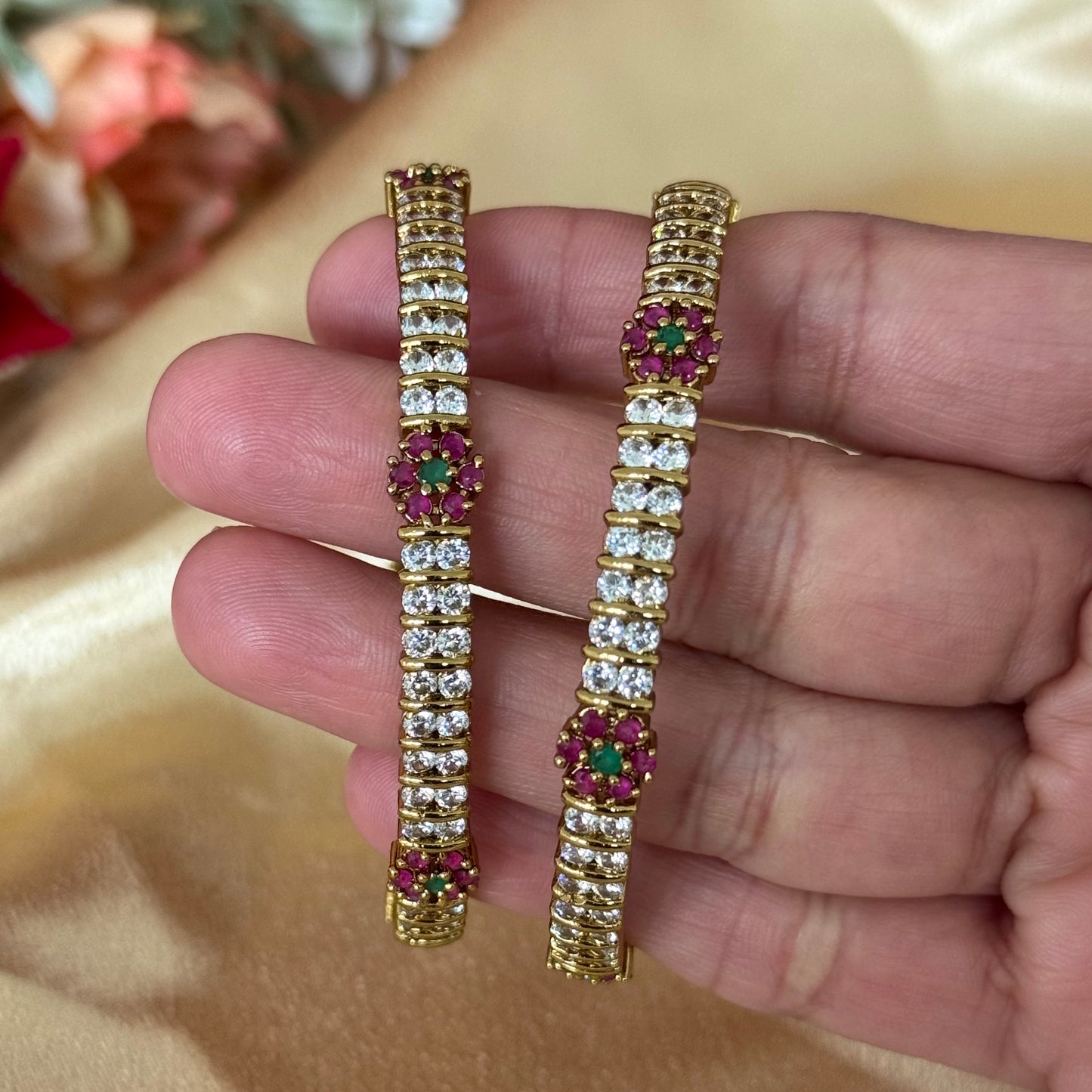 Elegant Gold Bangles Set with Ruby Emerald Floral Design | CZ Diamond Look Kada | Indian Wedding Bridal Jewelry | Gift for Her
