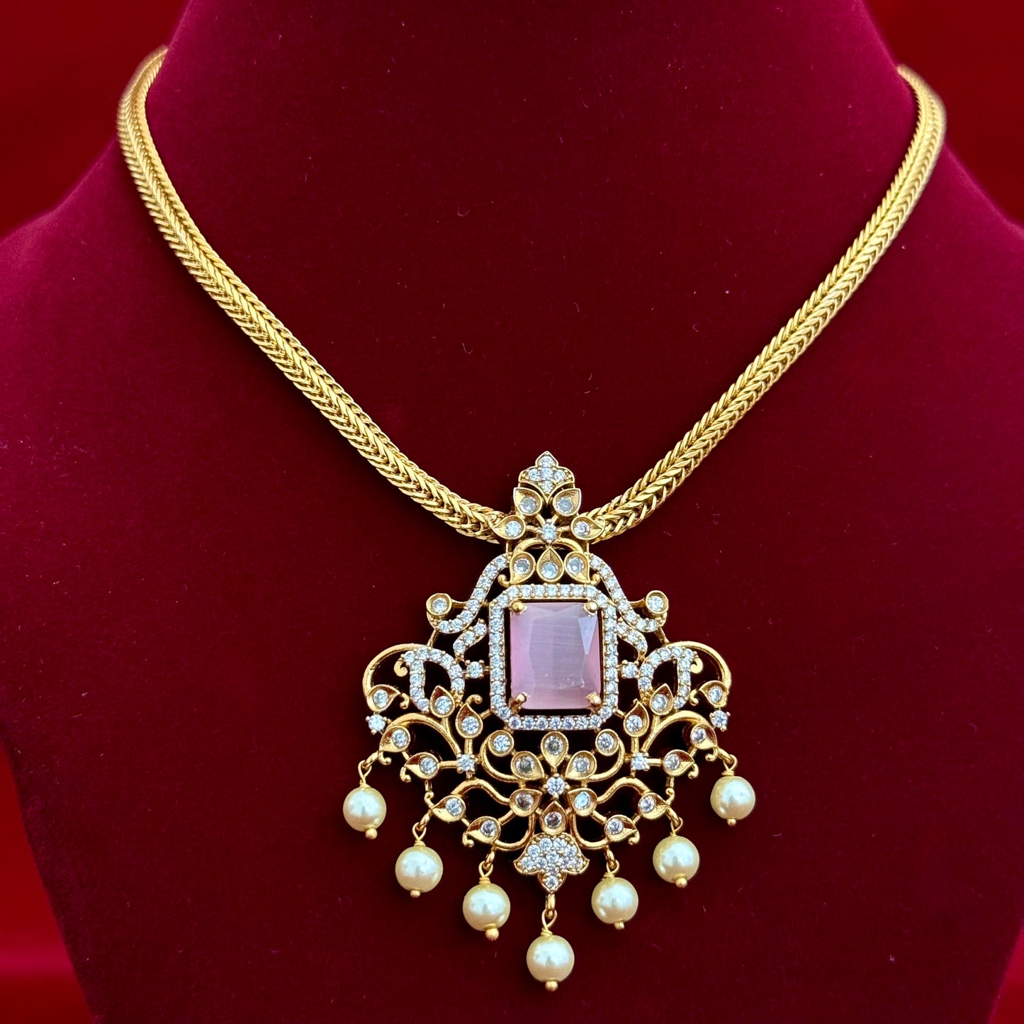 Pink Stone CZ Necklace Set for Women, Gold Tone Indian Pendant Necklace, Pearl Drop Earrings Set, Party Wear Jewelry, Wedding Guest Jewelry