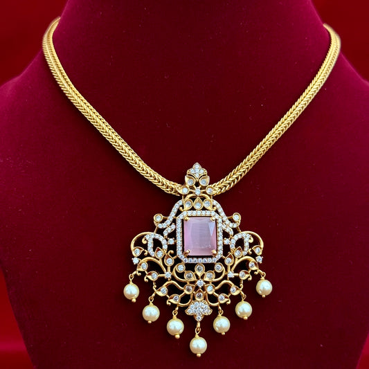 Pink Stone CZ Necklace Set for Women, Gold Tone Indian Pendant Necklace, Pearl Drop Earrings Set, Party Wear Jewelry, Wedding Guest Jewelry
