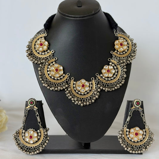 Oxidized Silver Gold Kundan Necklace Set, Indian Statement Jewelry, Navratri Garba Dandiya Necklace, Long Earrings, Tribal Boho Jewelry