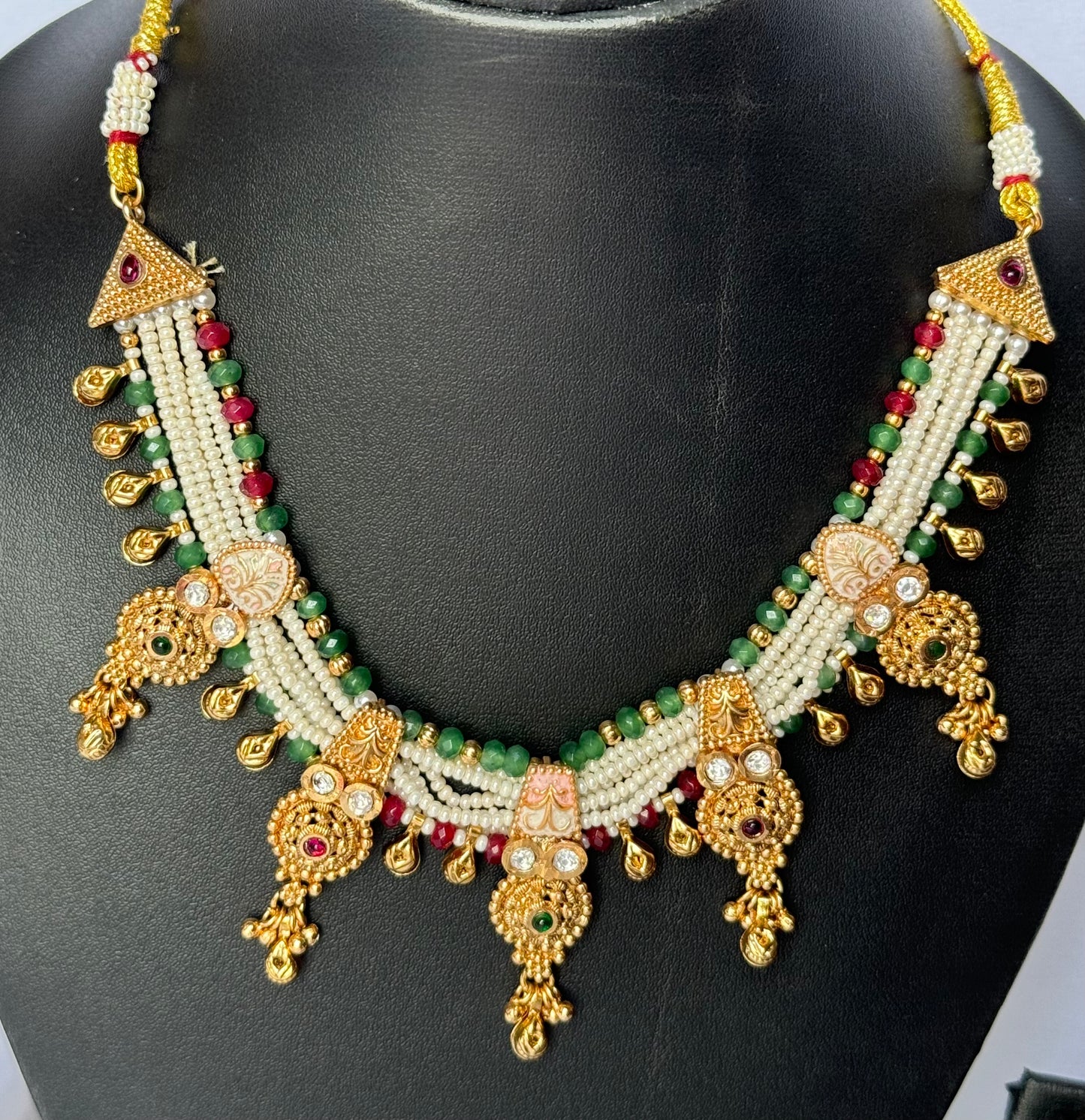Handcrafted Pearl Beads Necklace Set | Green & Maroon Accents | Antique Gold Droplet Design | Festive Ethnic Jewelry with Matching Earrings