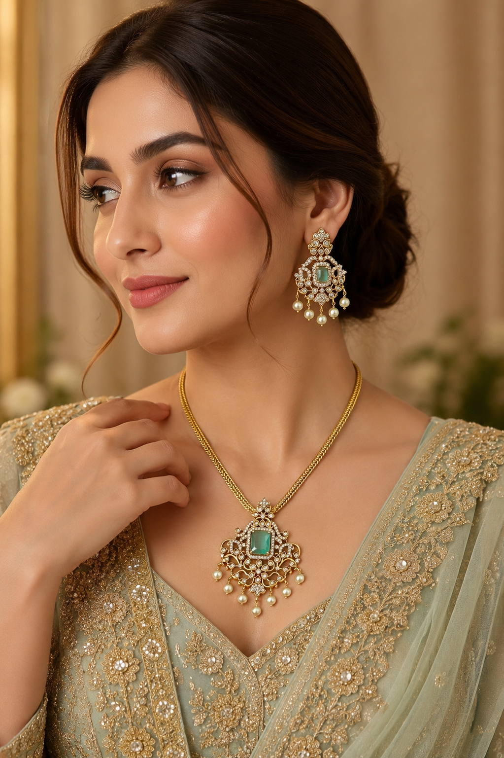 Turquoise CZ Polki Necklace Set with Pearl Drops, Indian Bridal Jewelry Set, Gold Tone Pendant Necklace, Statement Earrings, Party Wear Jew