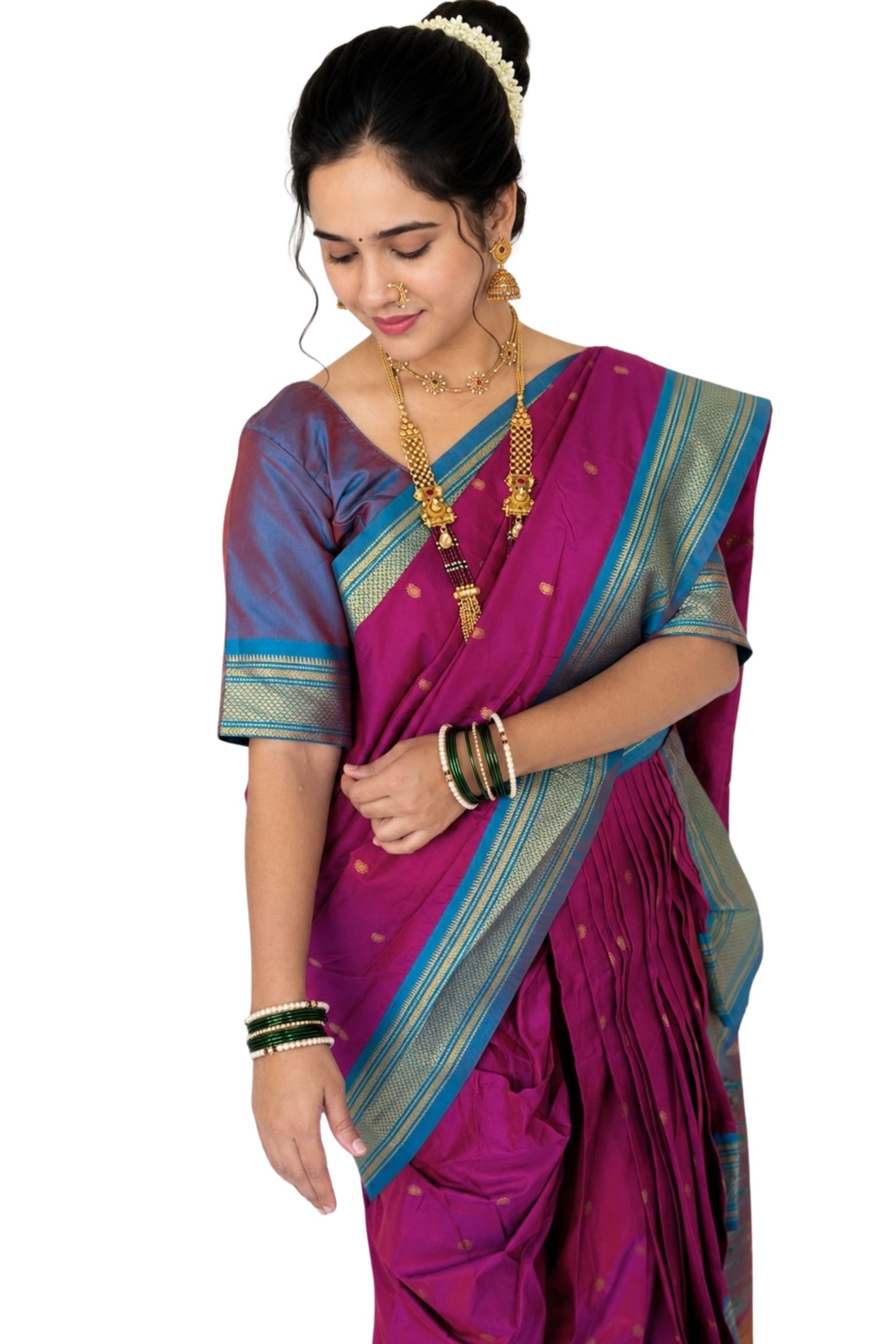 Magenta Ready to Wear Nauvari Saree, Fully Stitched Semi Silk Paithani Saree, Shahi Mastani Pattern, 9 Yard Maharashtrian Wedding Saree