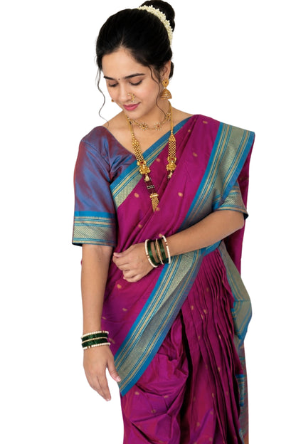 Magenta Ready to Wear Nauvari Saree, Fully Stitched Semi Silk Paithani Saree, Shahi Mastani Pattern, 9 Yard Maharashtrian Wedding Saree