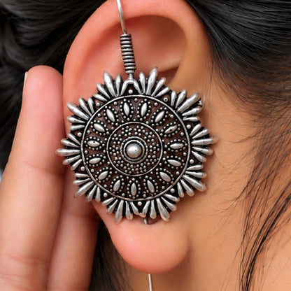 Oxidized Silver Sunflower Earrings, Boho Dangle Earrings, Afghani Style Statement Jewelry, Ethnic Earrings, Indian Earrings, Ships from USA