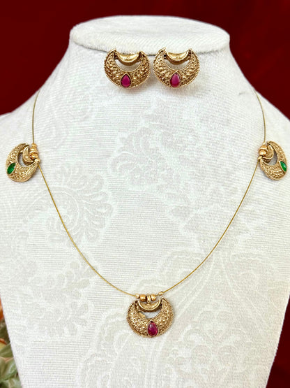 Chandrakor Necklace Set with Earrings, Traditional Maharashtrian Moon Pendant Jewelry, Antique Gold Finish with Ruby Stone, Festive Wedding
