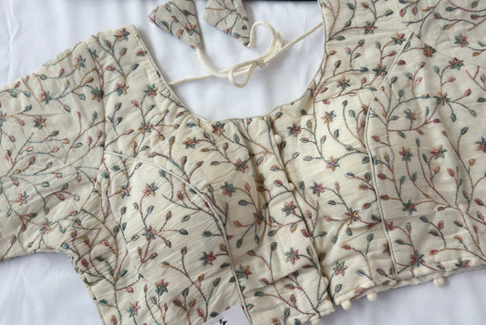 Ivory Khadi Cotton Blouse, Multicolor Floral Embroidered Saree Blouse, Front Open Ready Made Blouse, Indian Designer Blouse, Crop top,