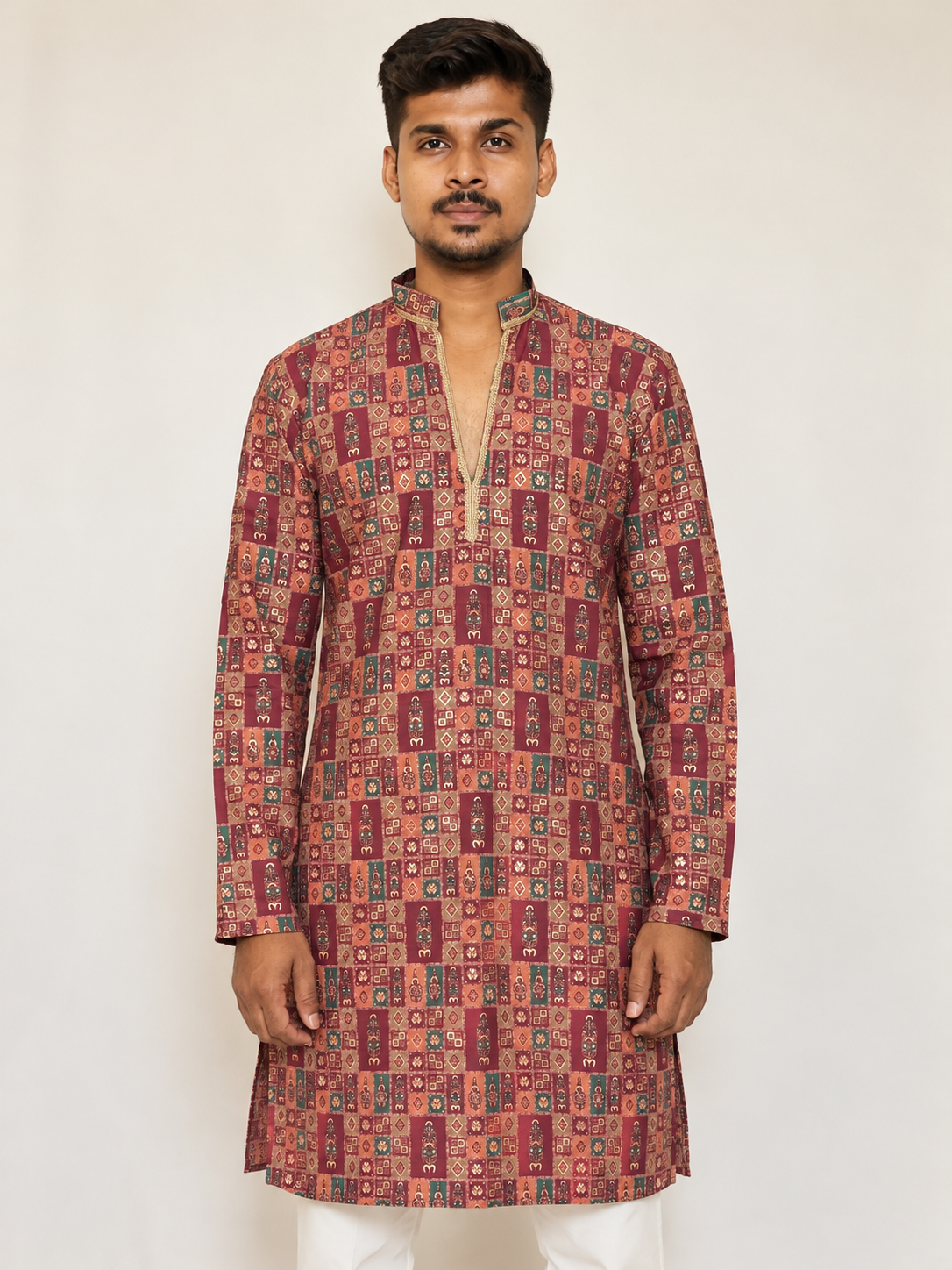 Men’s Orange Maroon Kurta Pajama Set, Soft Armani Fabric Printed Kurta with Golden Shine, Indian Wedding Outfit, Diwali Festive Wear for Men